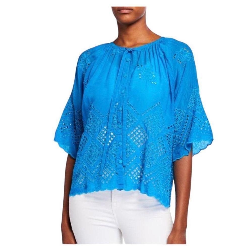 Johnny Was Randa Blouse Scallop Edge Eyelet Cutout Women’s Blue Size Medium